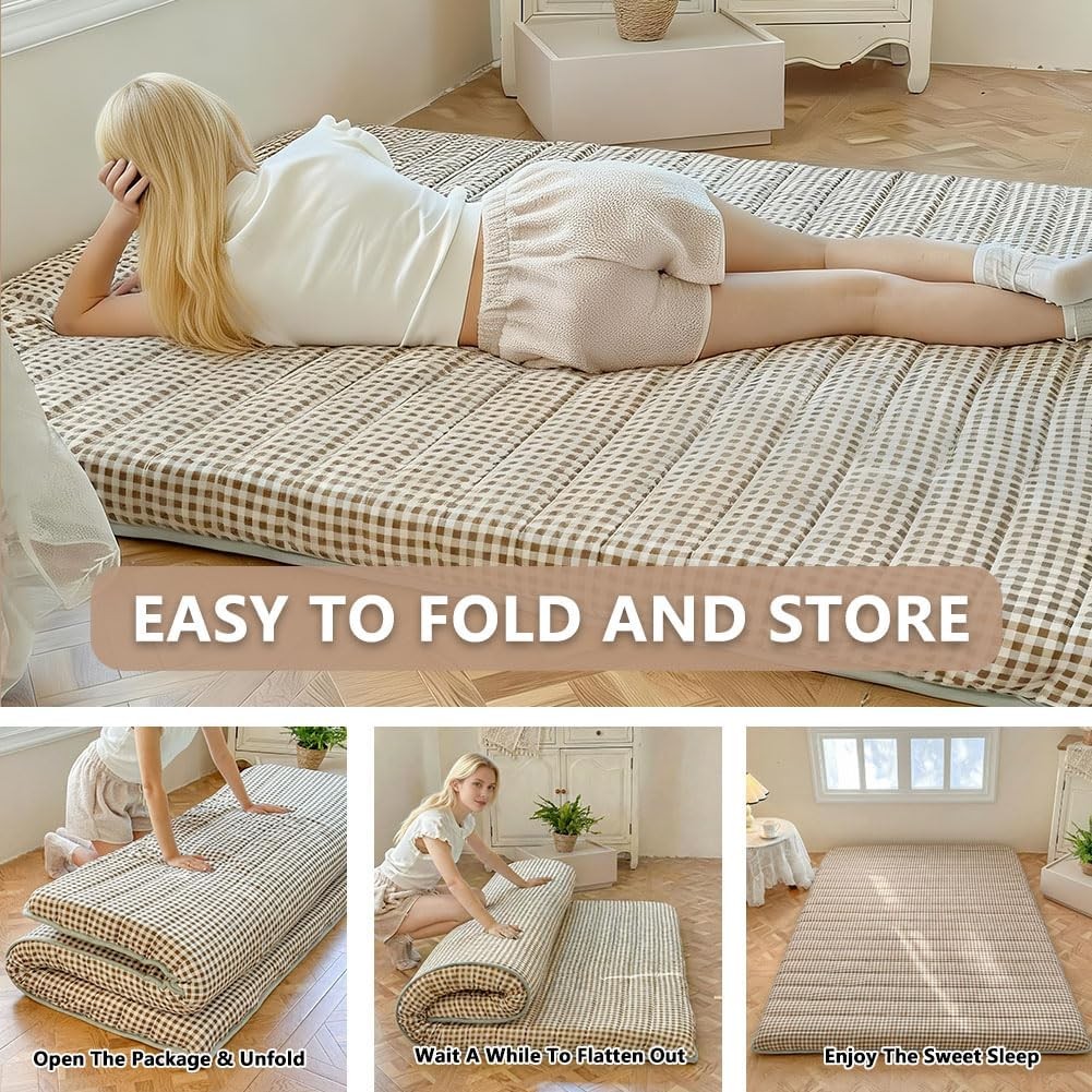 NSNLGSGC Tan Gingham Japanese Floor Mattress, 3.5″ Thick High Density Foam Futon