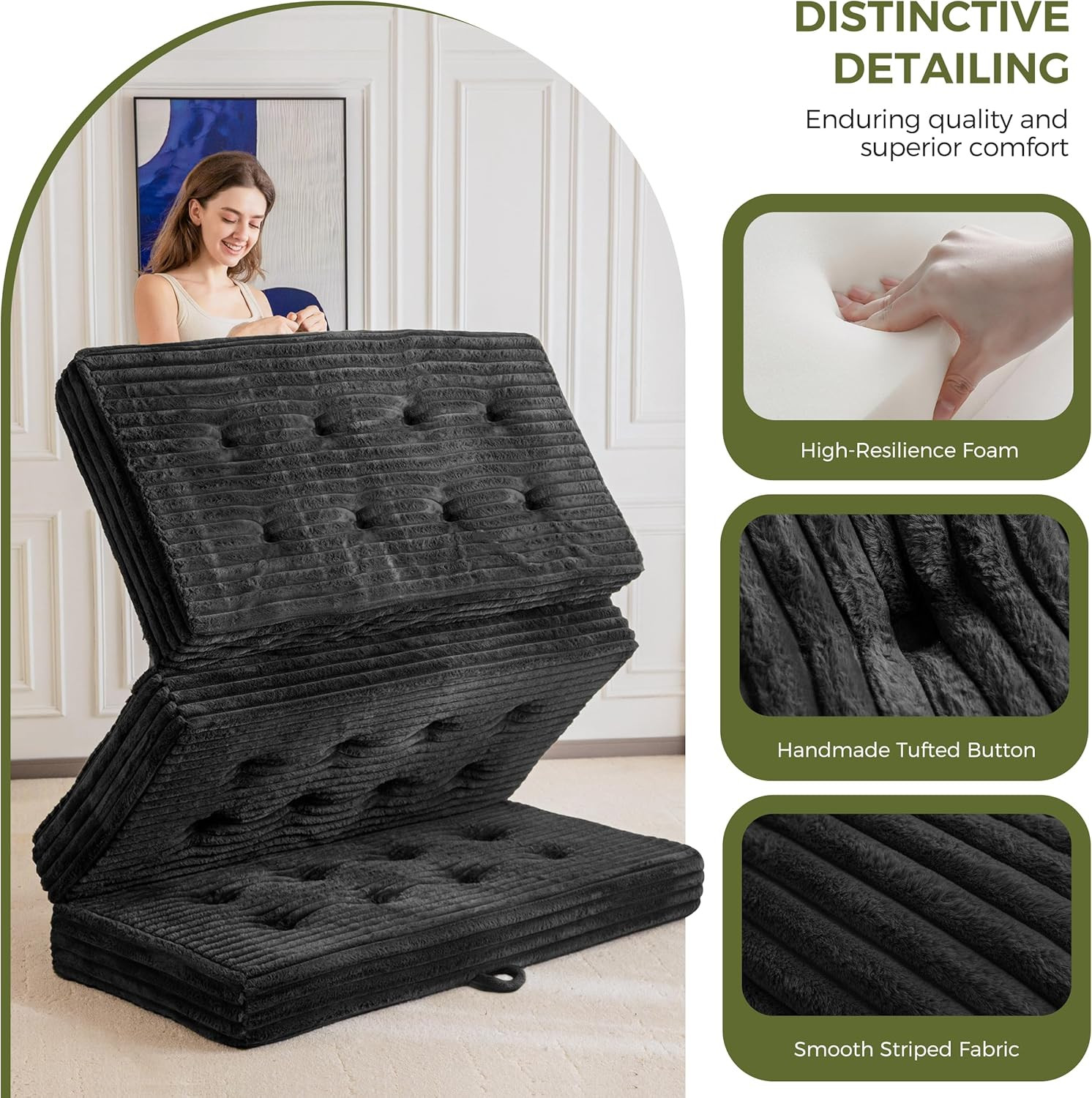 Compact 6-Inch Tri-Fold Folding Mattress with Handles – Twin Black Sofa Bed