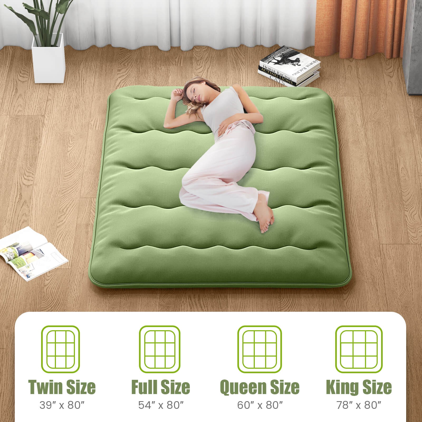 Queen Futon Mattress Washable Cover Carry Bag Green Japanese Floor Pad