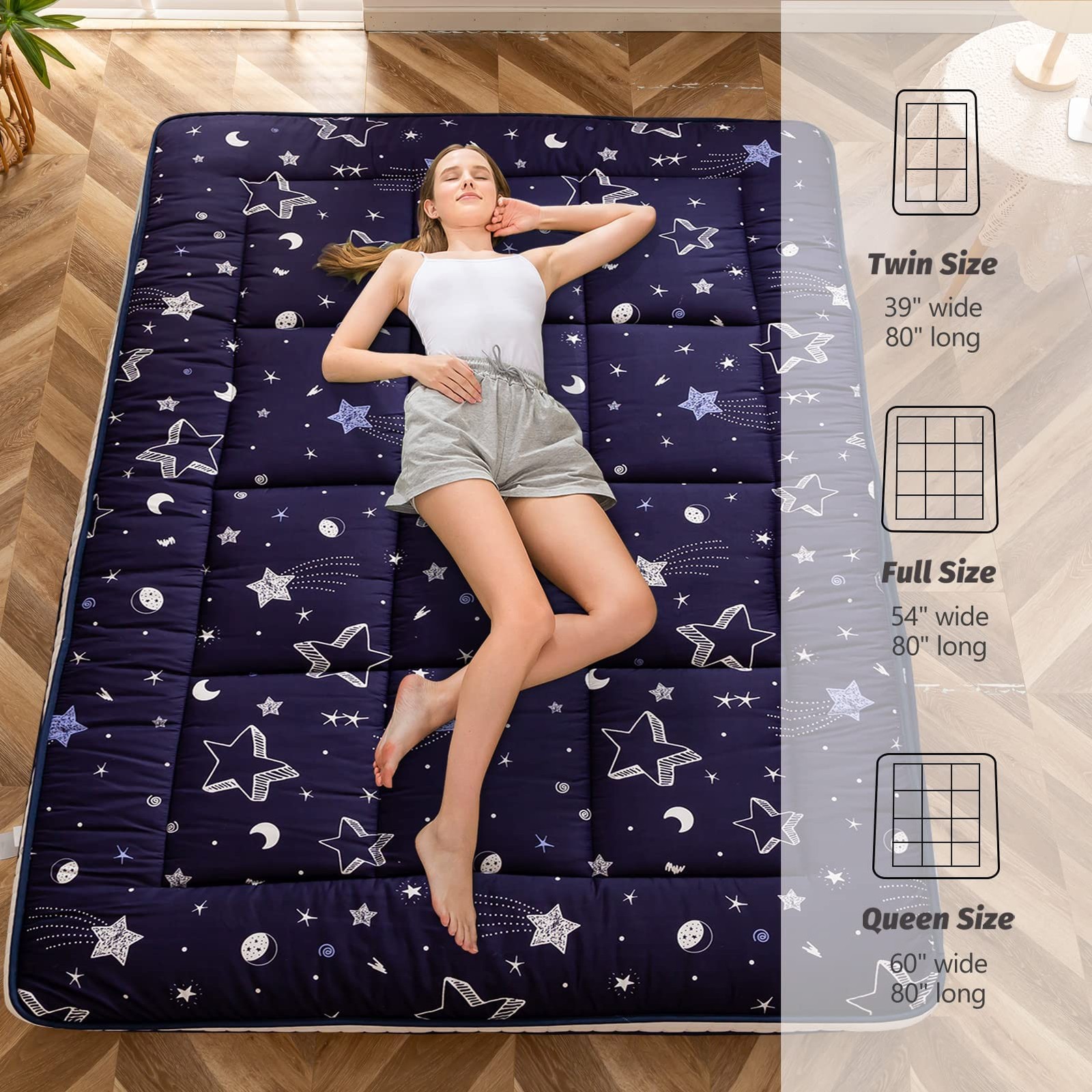 Futon Mattress, Navy Star Japanese Floor Mattress Quilted Mattress Topper, Ex…