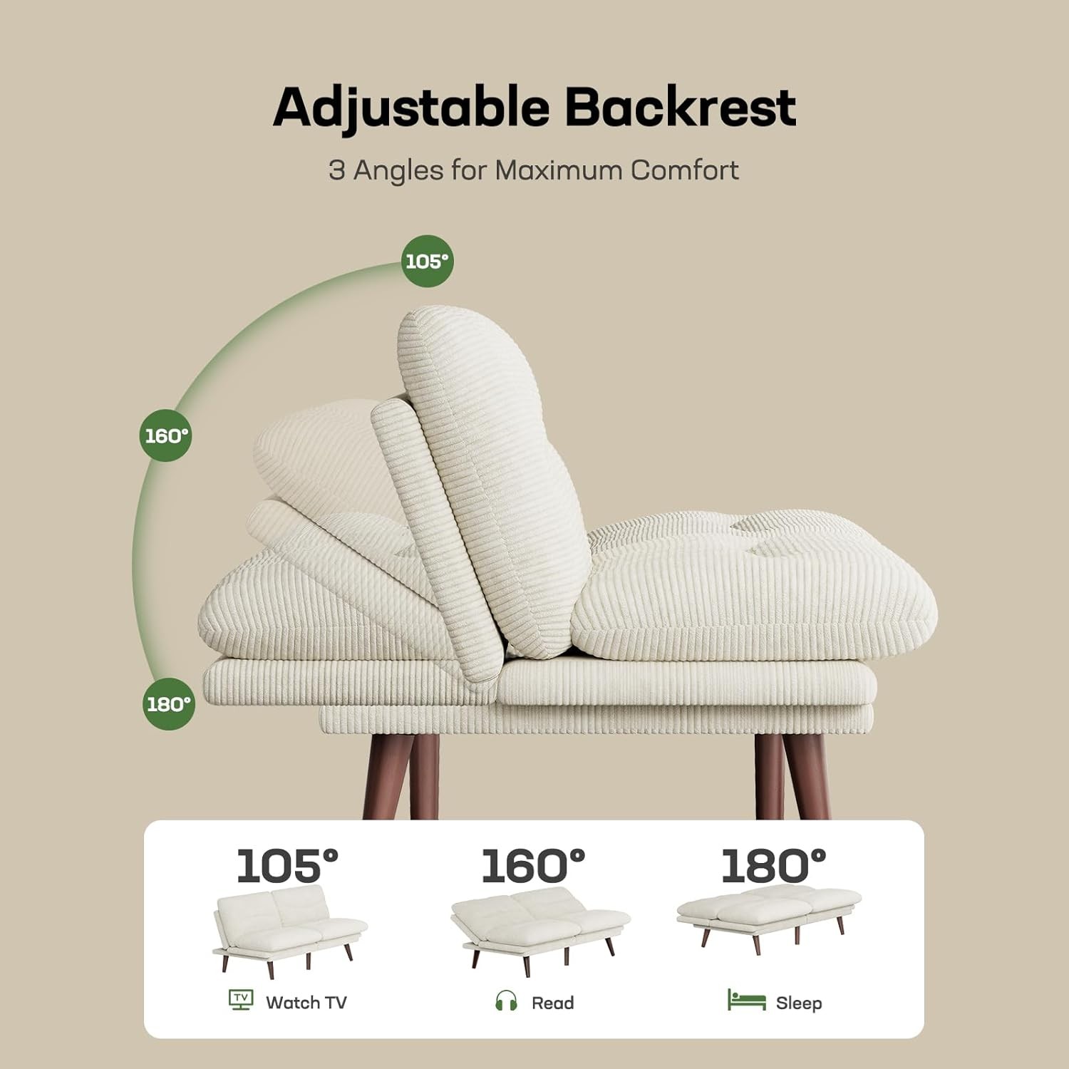 Futon Sofa Bed, Corduroy Futon Couch with Adjustable Barest &
