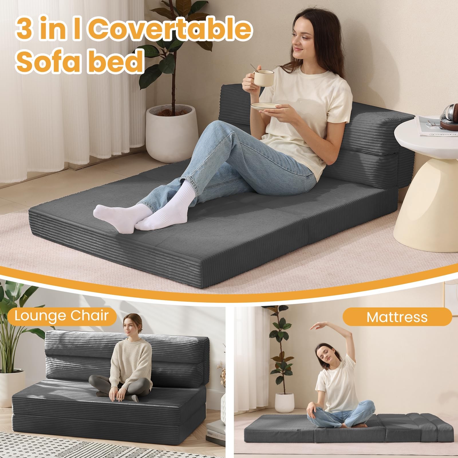 Folding Mattress Twin, 3 in 1 Convertible Sofa Bed Foldable Couch Bed Floor C…