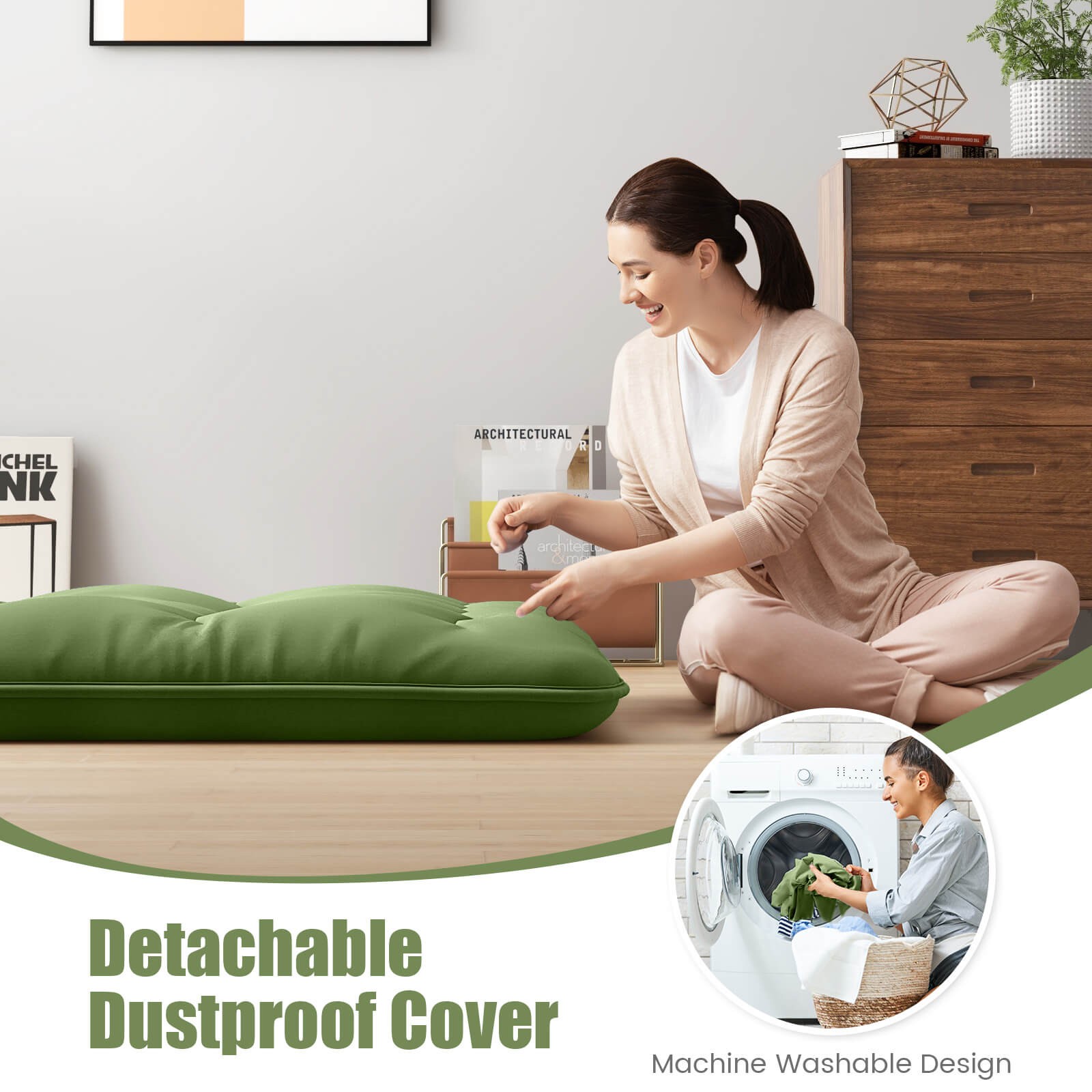 Full Futon Mattress Washable Cover Carry Bag Green Japanese Floor Pad