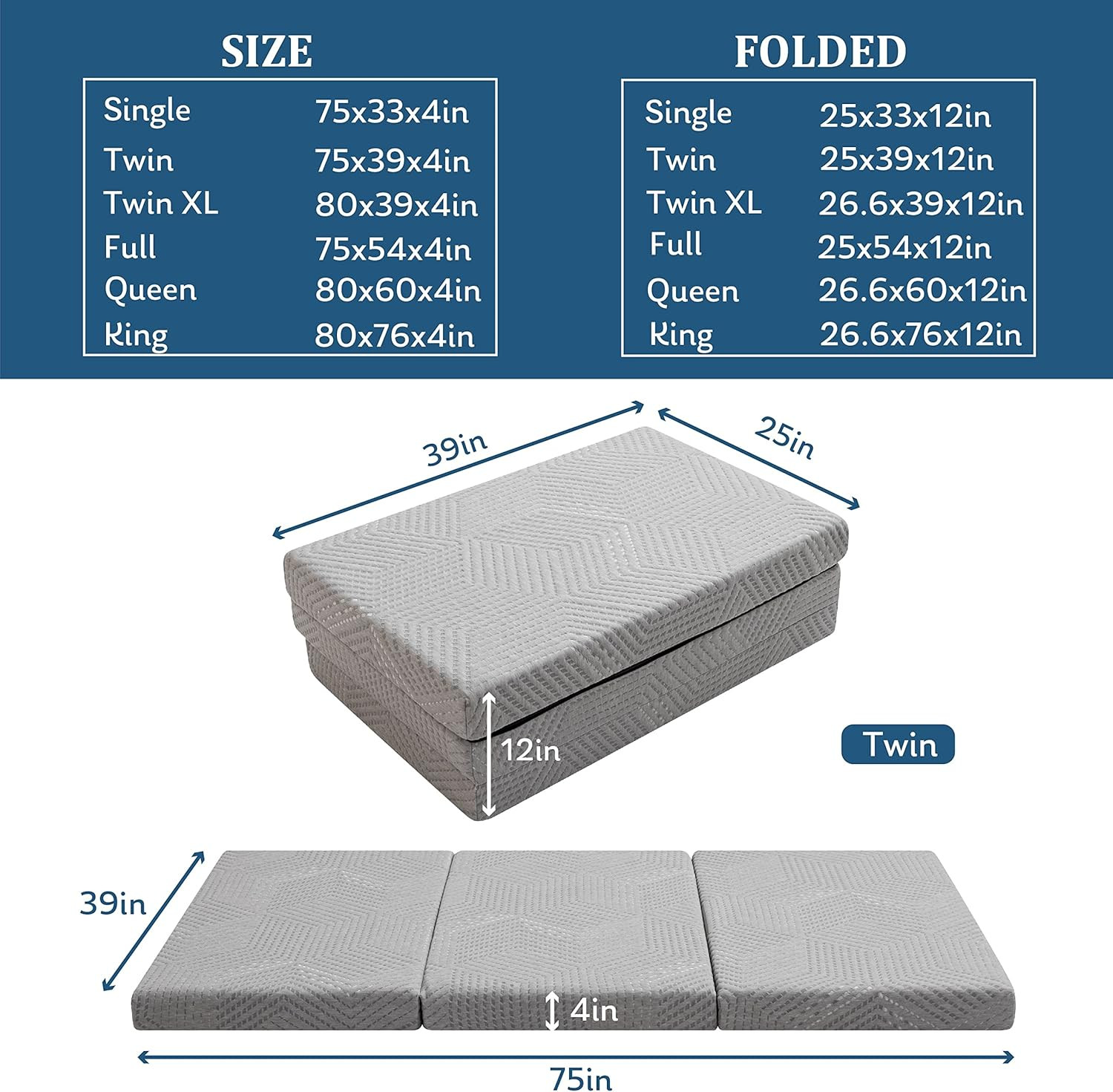 Folding Mattress 4 Inch Tri Folding Memory Foam Mattress, Portable Trifold Mattr