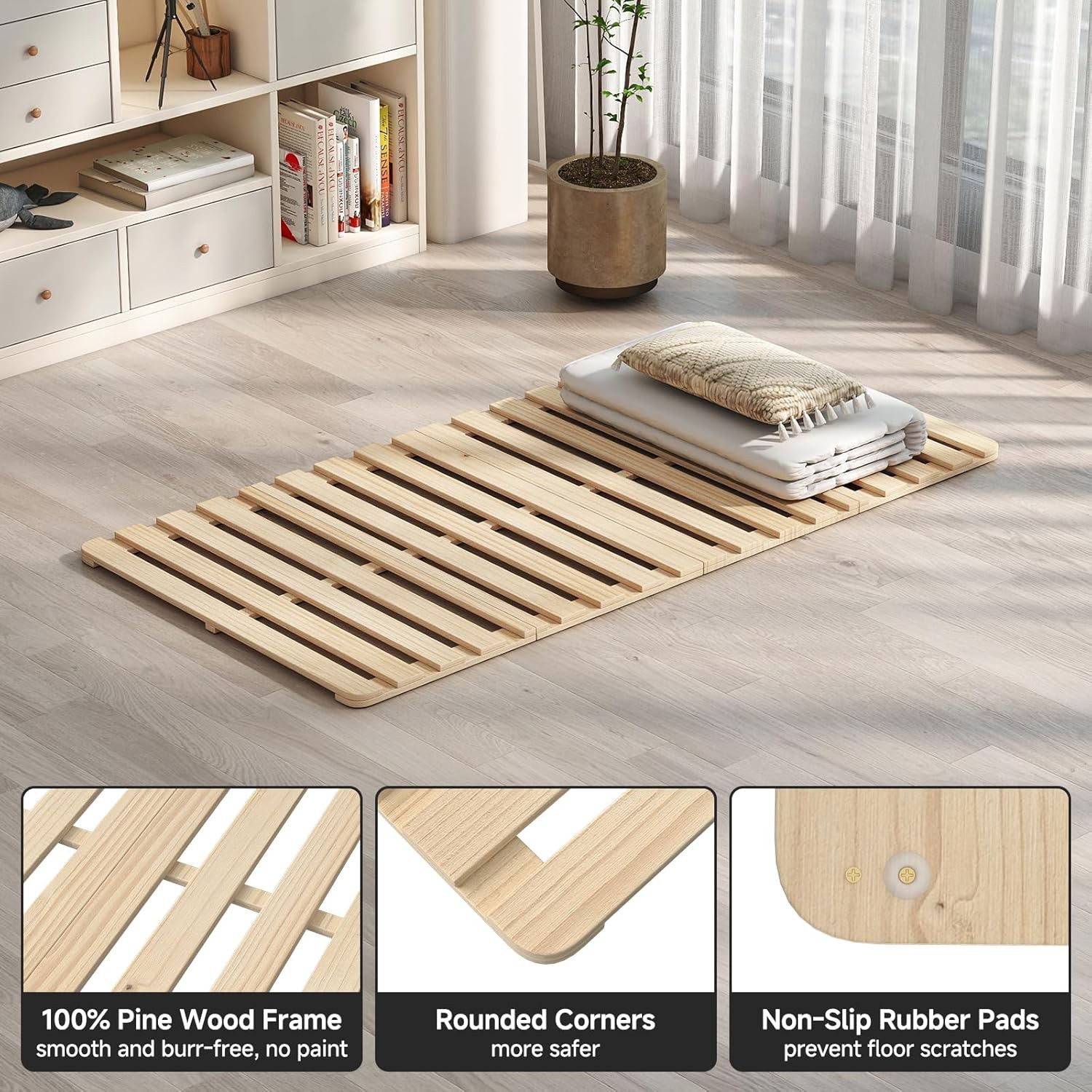 Solid Pine Wood Foldable Slatted Bed, Japanese Tati Floor Bed