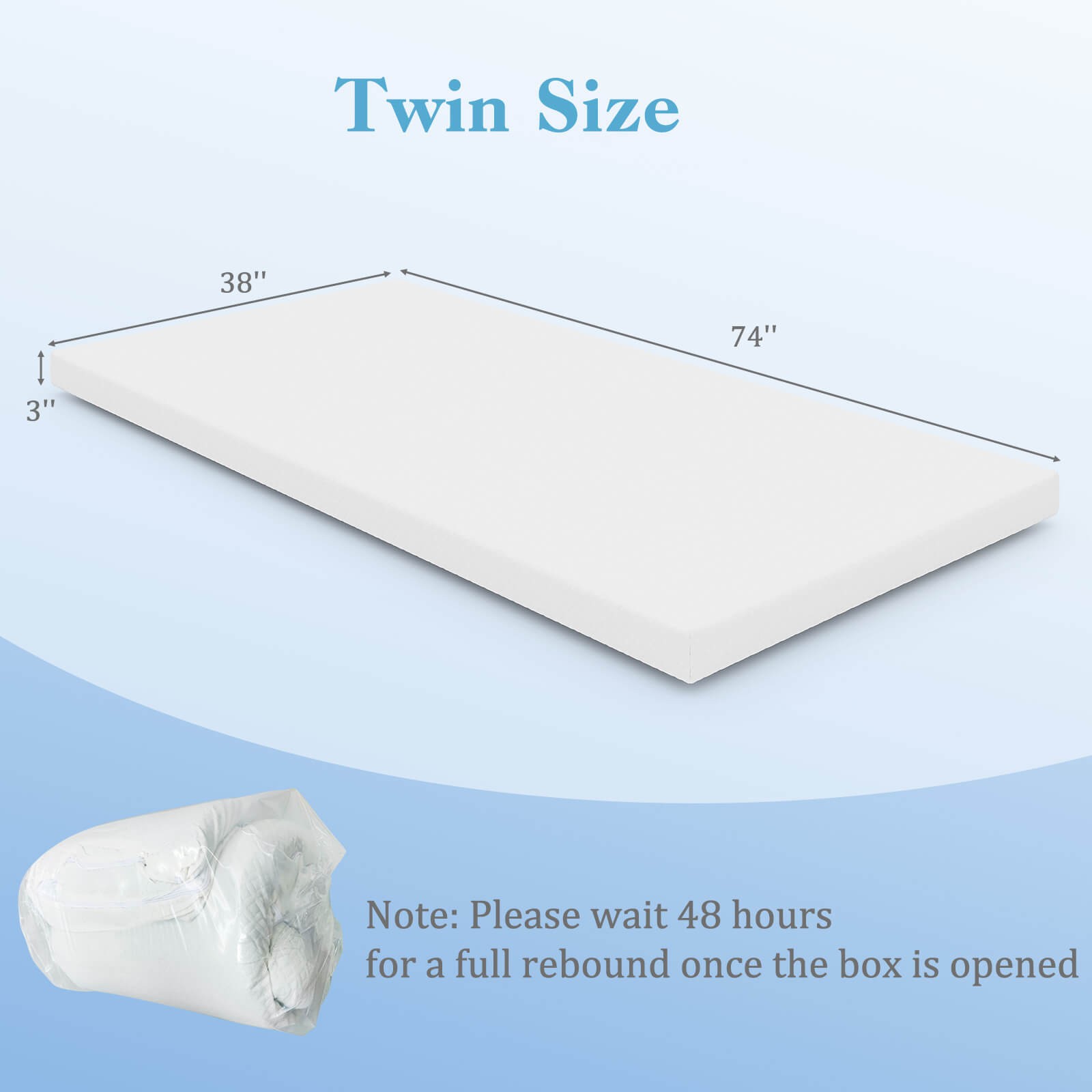 3″ Gel-Infused Memory Foam Mattress Topper w/ Removable & Washable Cover Twin
