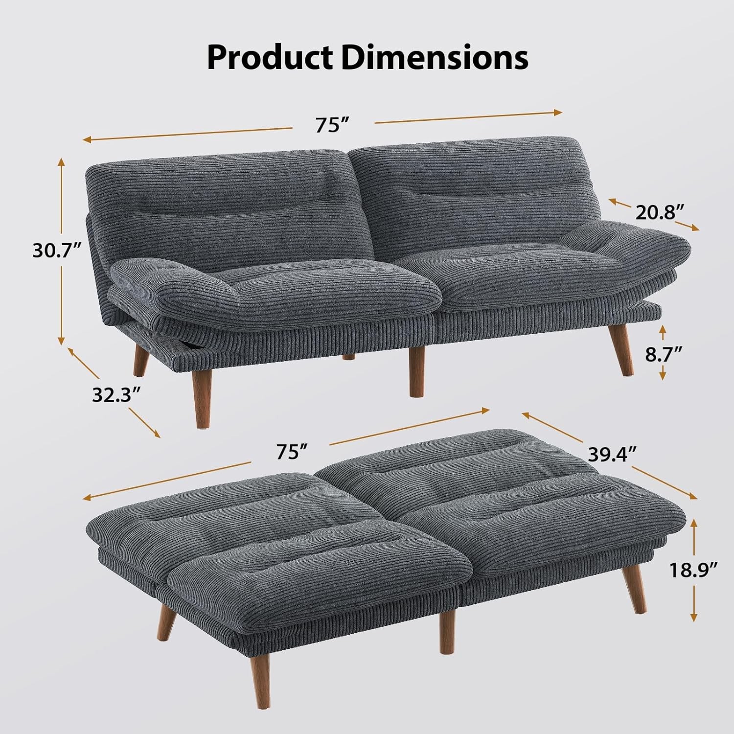 Pipi Futon Sofa Bed, 75 Inch Corduroy Futon Couch Convertible with