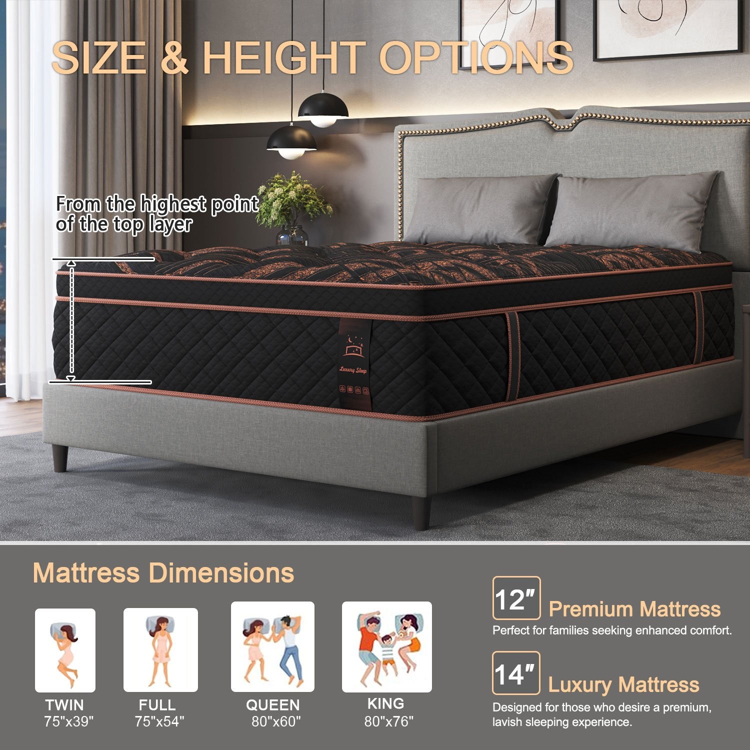 12″14″Twin Full Queen King Size Gel Memory Foam Spring Mattress In A Box