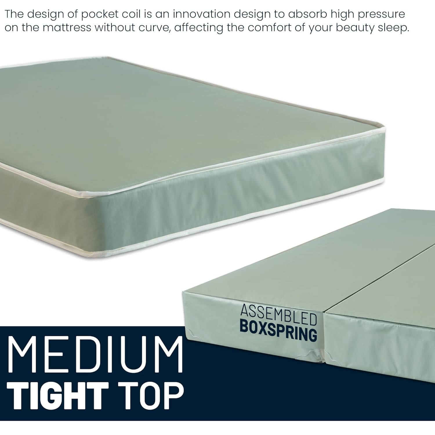 Comfortable Twin Pocket Coil Mattress with Wood Box Spring – Water-Resistant Gre