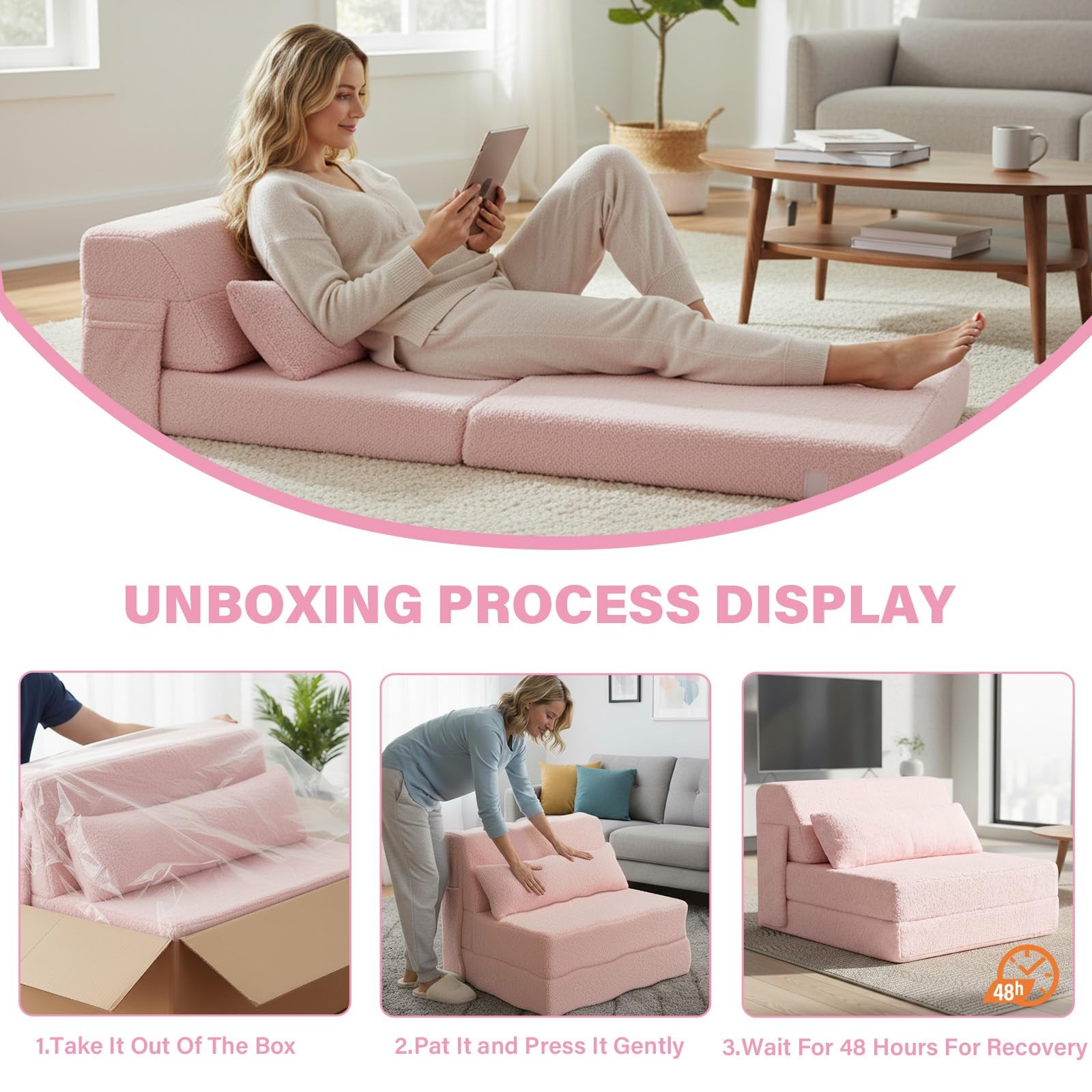 Convertible Folding Sofa Bed Single Size for Adults with Pillow, Plush Fabric…