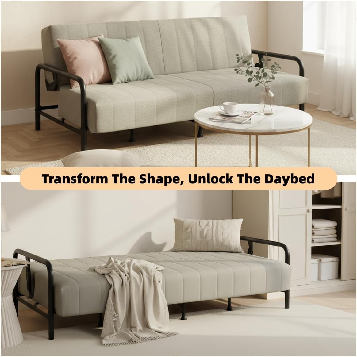 Modern Grey Futon Sofa Bed with Arm, 78.74″ 3-Posit