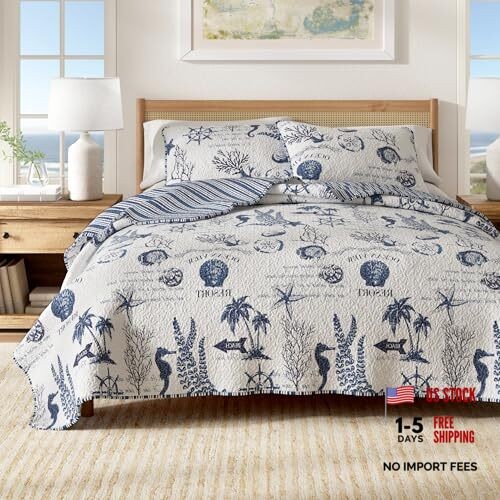 Full Queen Navy Coastal Quilt Bedding Set – Full / Queen – Full / Queen