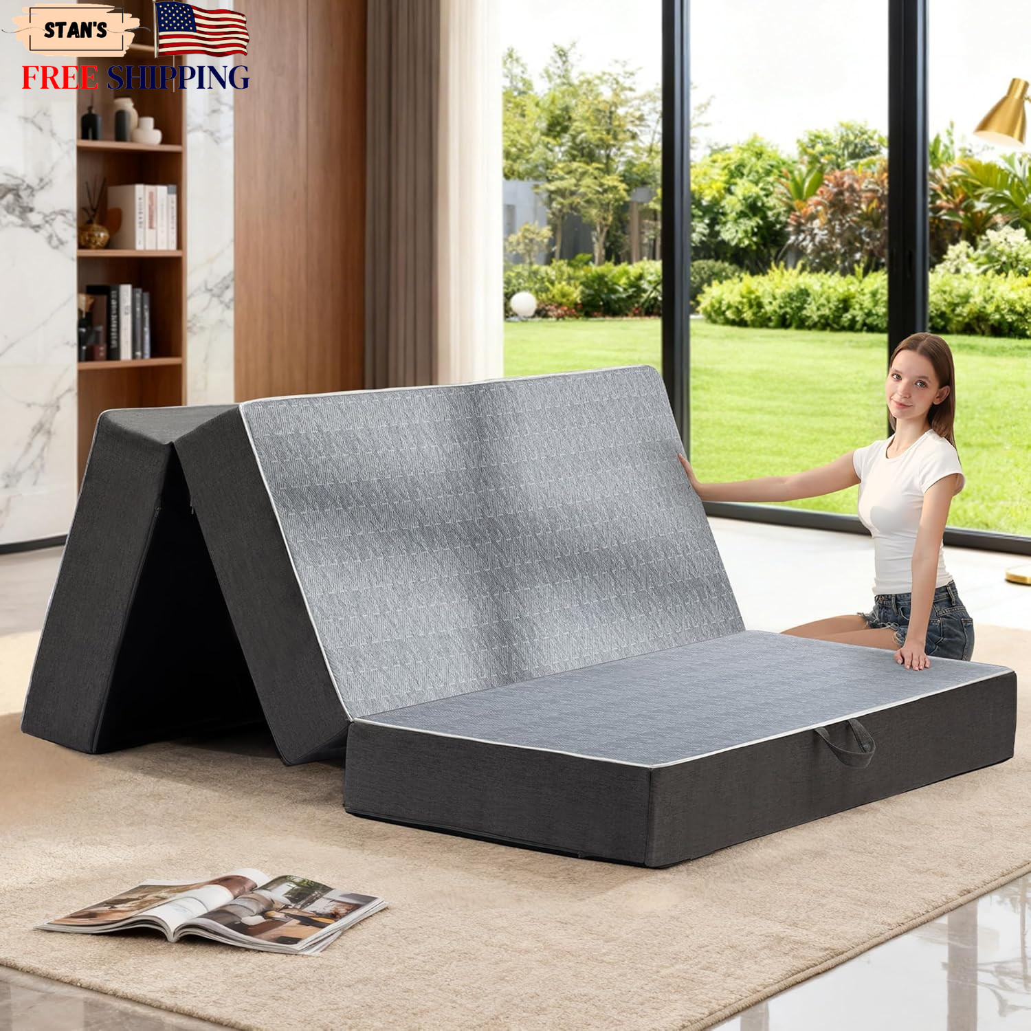 Tri Folding Mattress Queen Size 6 Inch Dual Layer Memory Foam Foldable Mattress