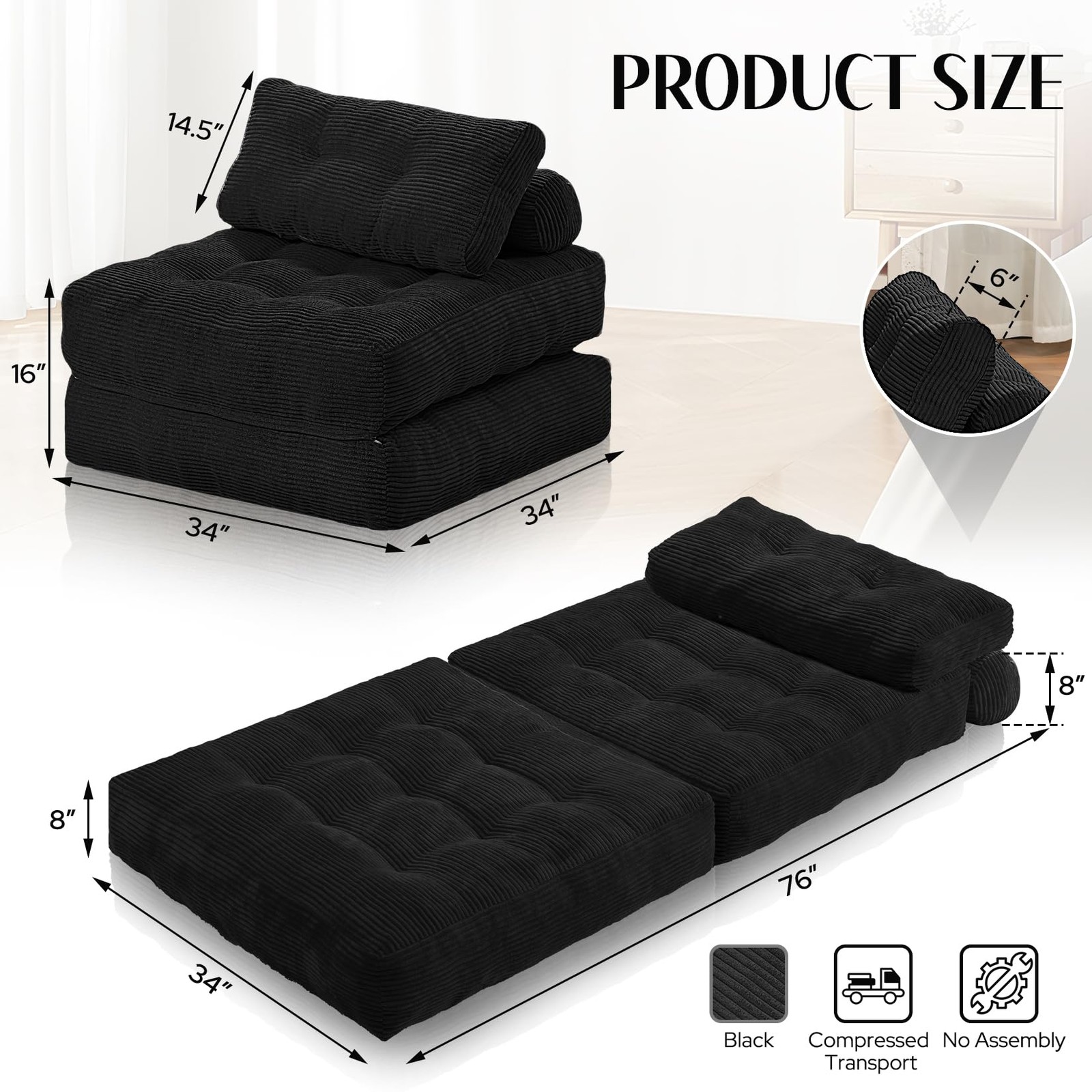 HABUTWAY Folding Sofa Bed, Convertible Sleeper Chair Bed Single, Black