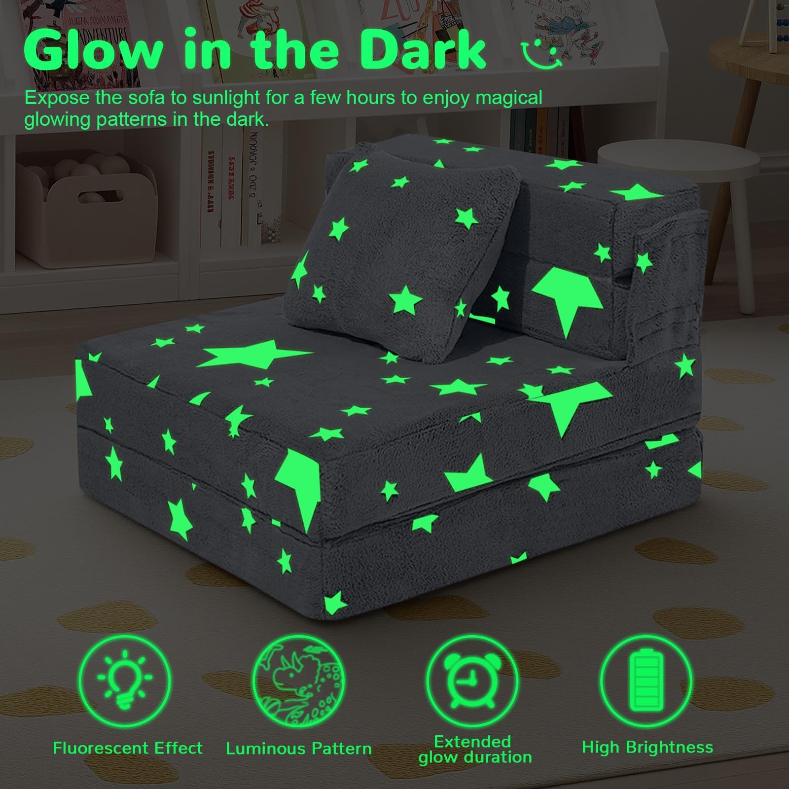 Kids Tri-Fold Sofa Bed – Glow Star Floor Mattress & Foldable Futon Chair Conv…