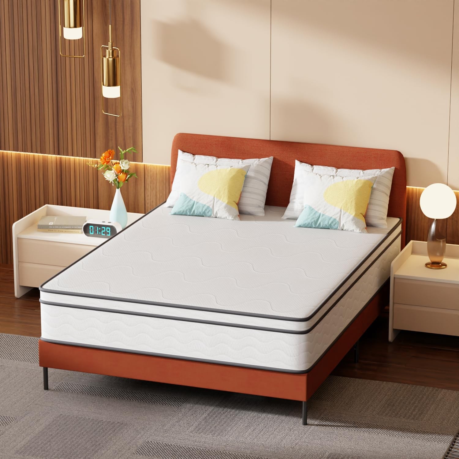 | 12 Inch Queen Mattress | Medium Firm Hybrid Mattress | White | with High-De…