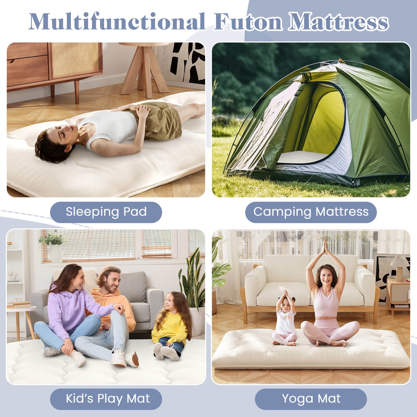 Twin Futon Mattress Japanese Floor Sleeping Pad Washable Cover Carry Bag Beige