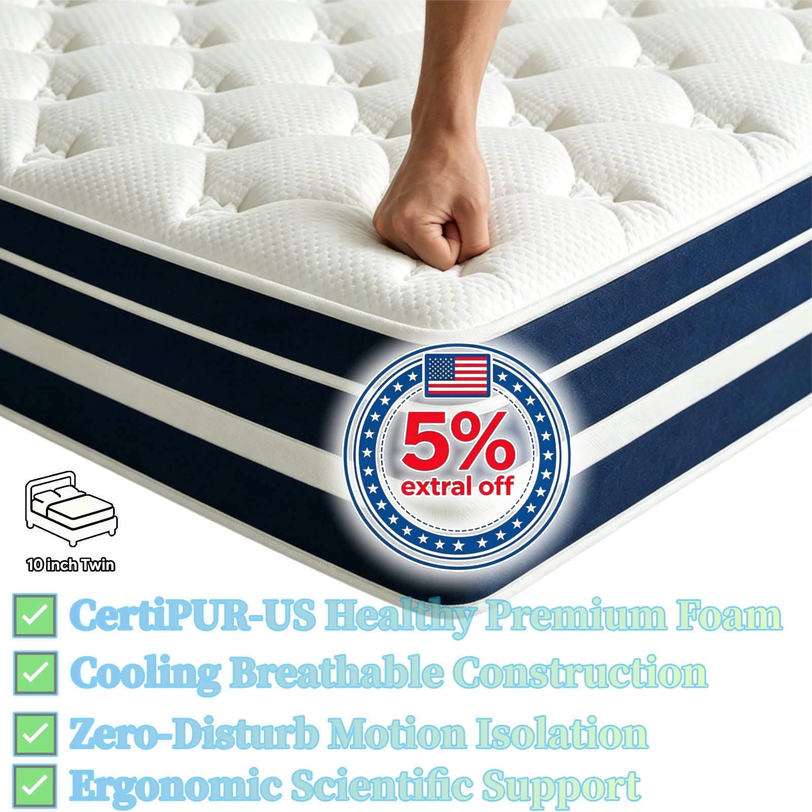 10″ Gel Memory Foam & Spring Hybrid Mattress Breathable Twin Bed In a Box Blue