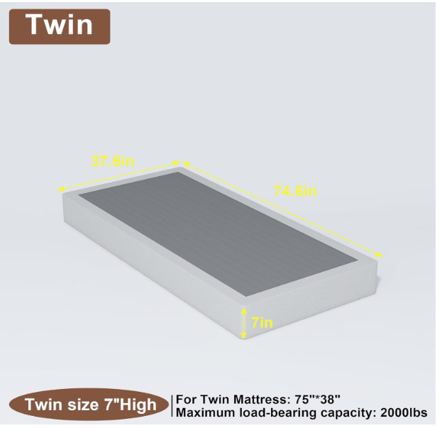 7 Inch Twin Box Spring with Fabric Cover Set, 2500lbs Capacity, Non-Slip
