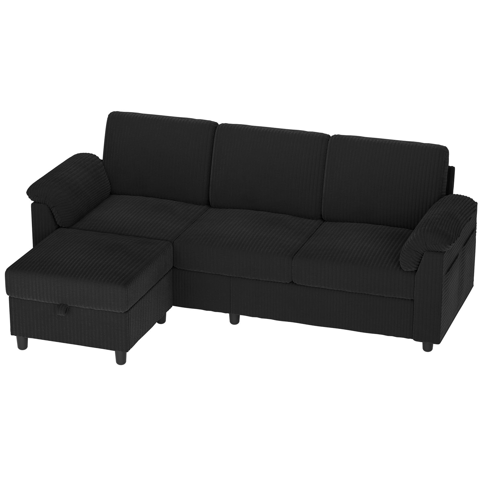Vongrasig 79″ Convertible Sectional Couch Sofa with Storage Ottoman, 3 Black