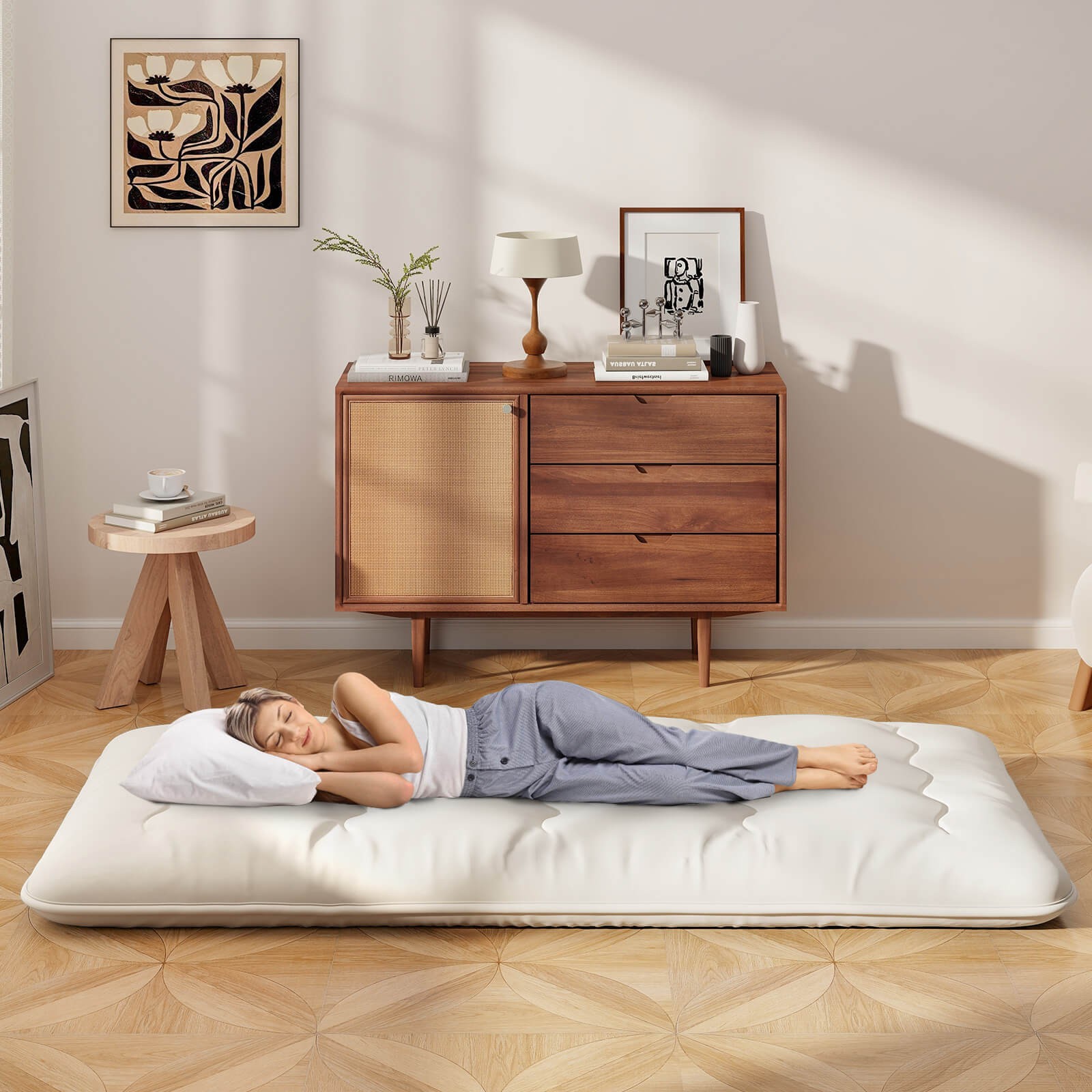 Twin Futon Mattress Japanese Floor Sleeping Pad Washable Cover Carry Bag Beige