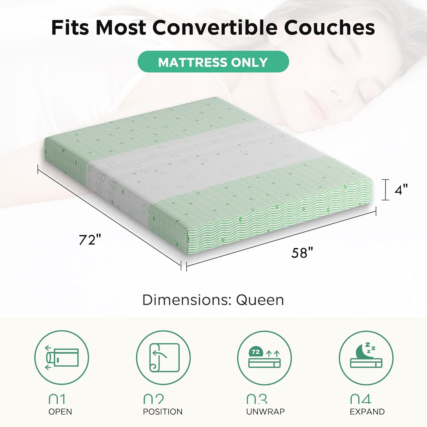 4 Inch Gel Memory Foam Sofa Mattress Queen Size – Light Green & White Foldable R