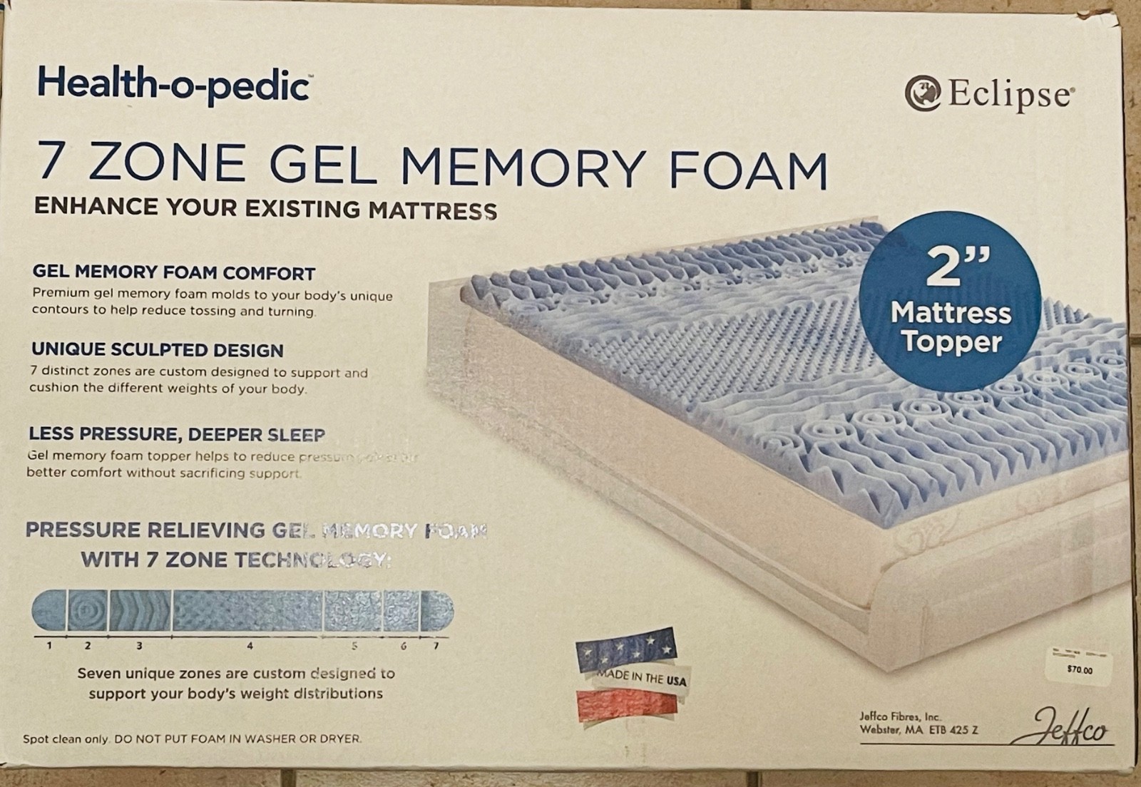 NEW Health-o-Pedic 7 Zone Gel Memory Foam for Mattress Twin Full 2” topper $80