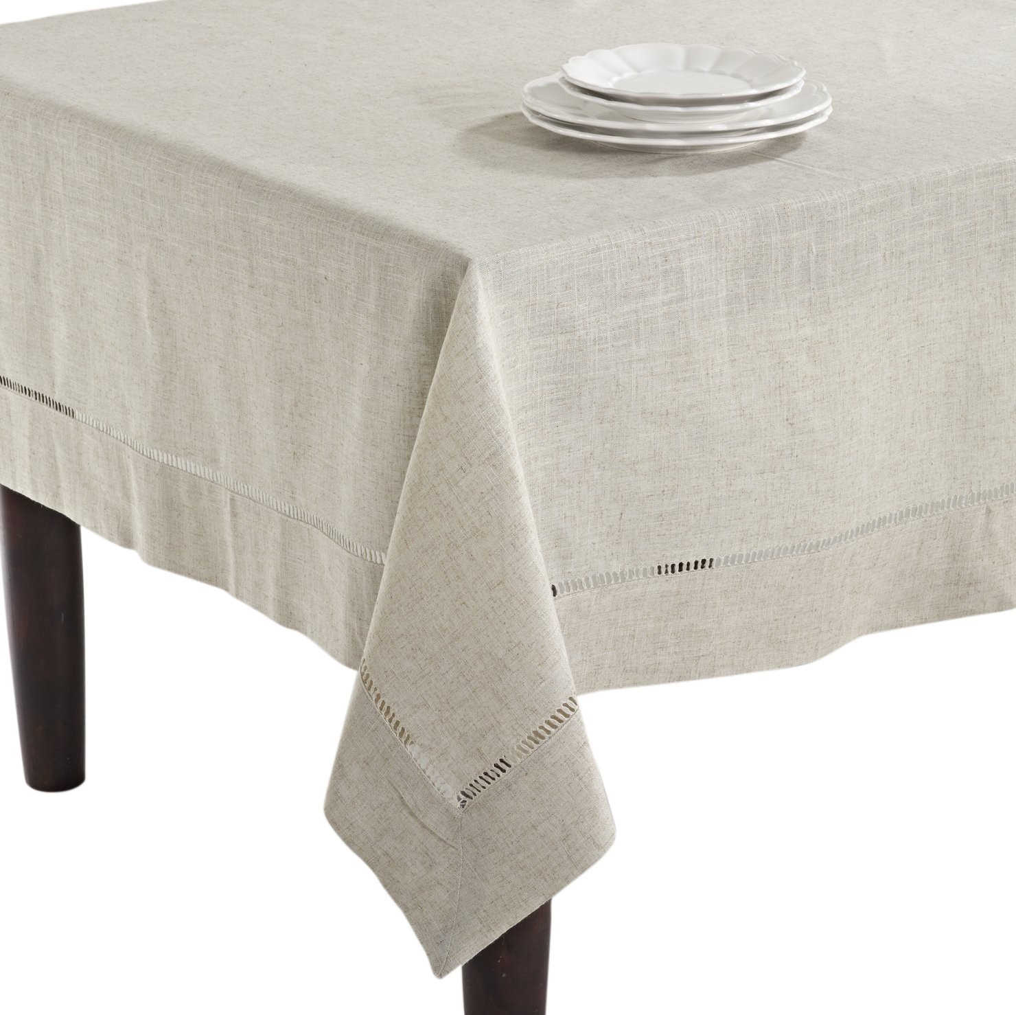 SARO LIFESTYLE Poly and Linen Blend Toscana Tablecloth with Hemstitch Border, Na