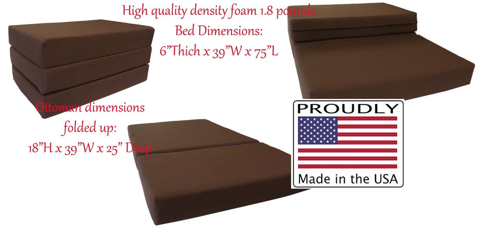 Twin Size Shikibuton Trifold Foam Bed, Folding Mattress Density 1.8 lbs Brown