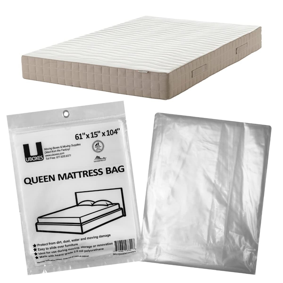 Queen Mattress Clear Plastic Poly Covers, 61 x 15 x 104 inch, Heavy Duty 2 mi…