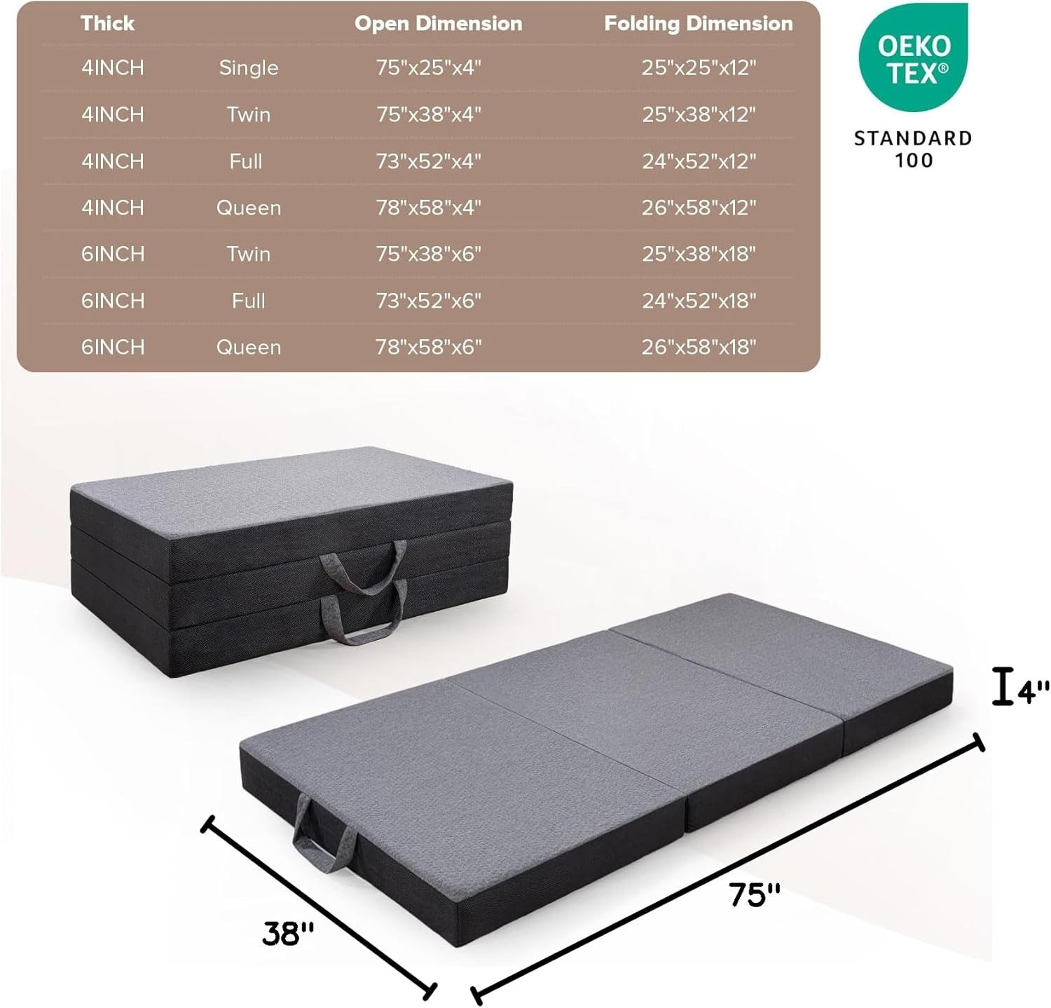Vamcheer Tri Folding Mattress Twin Size – 3 Inch Foldable Mattress for Travel/Rv