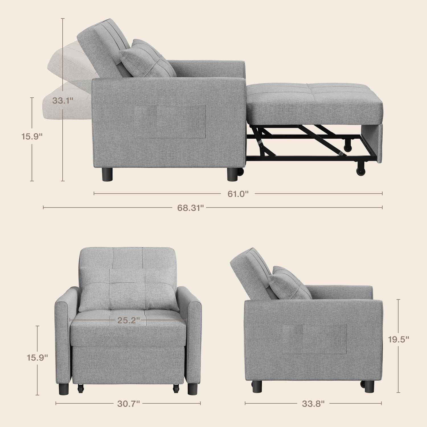 Convertible Sleeper Chair, 3-in-1 Sofa Bed with Adjustable Design,