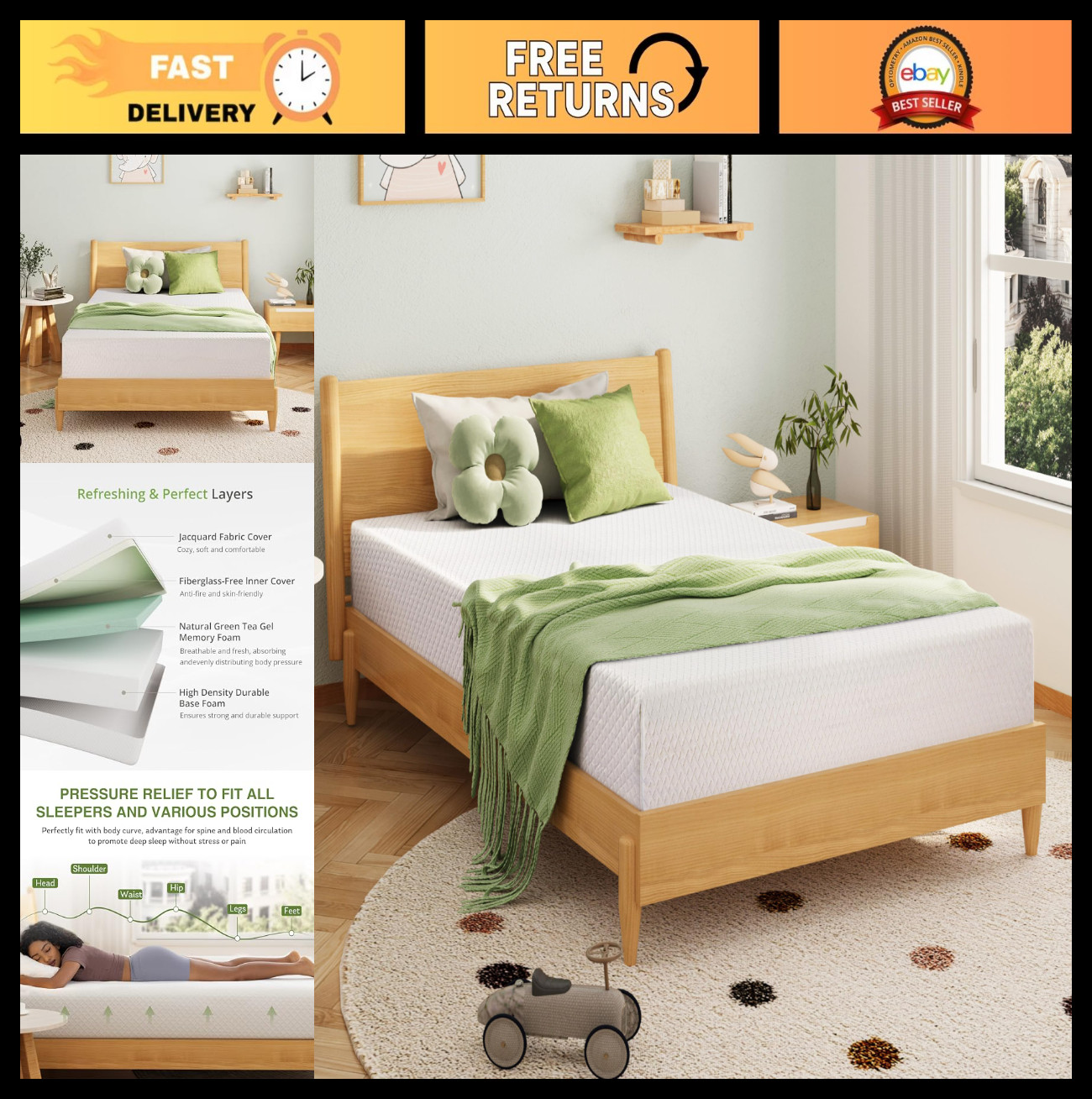 5-Inch Twin Memory Foam Mattress for Kids, Cooling Gel, Medium Firm Support, Cer