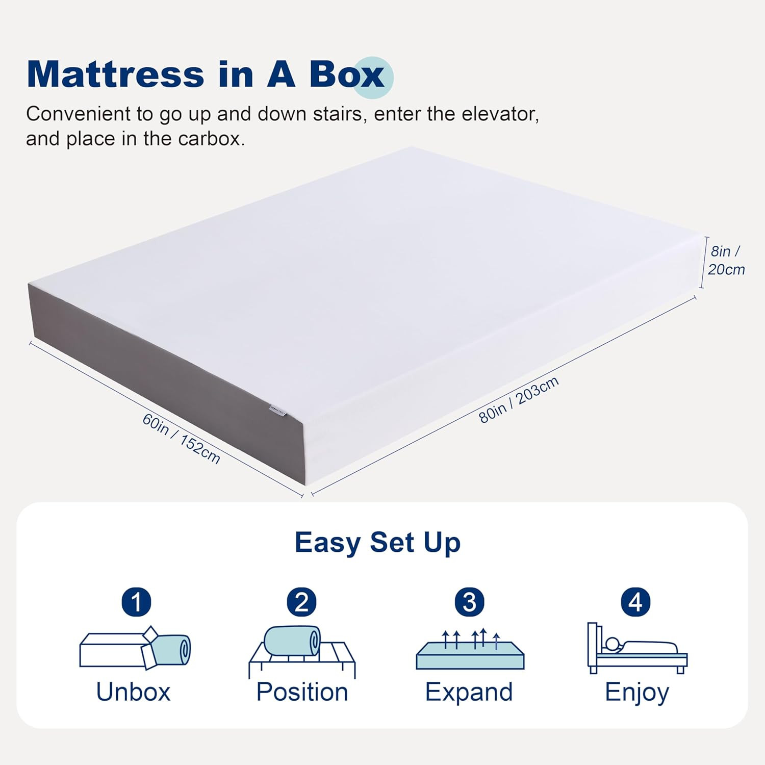 Medium Firm Memory Foam Mattress, Breathable, 8 Inch, Queen, White/Grey