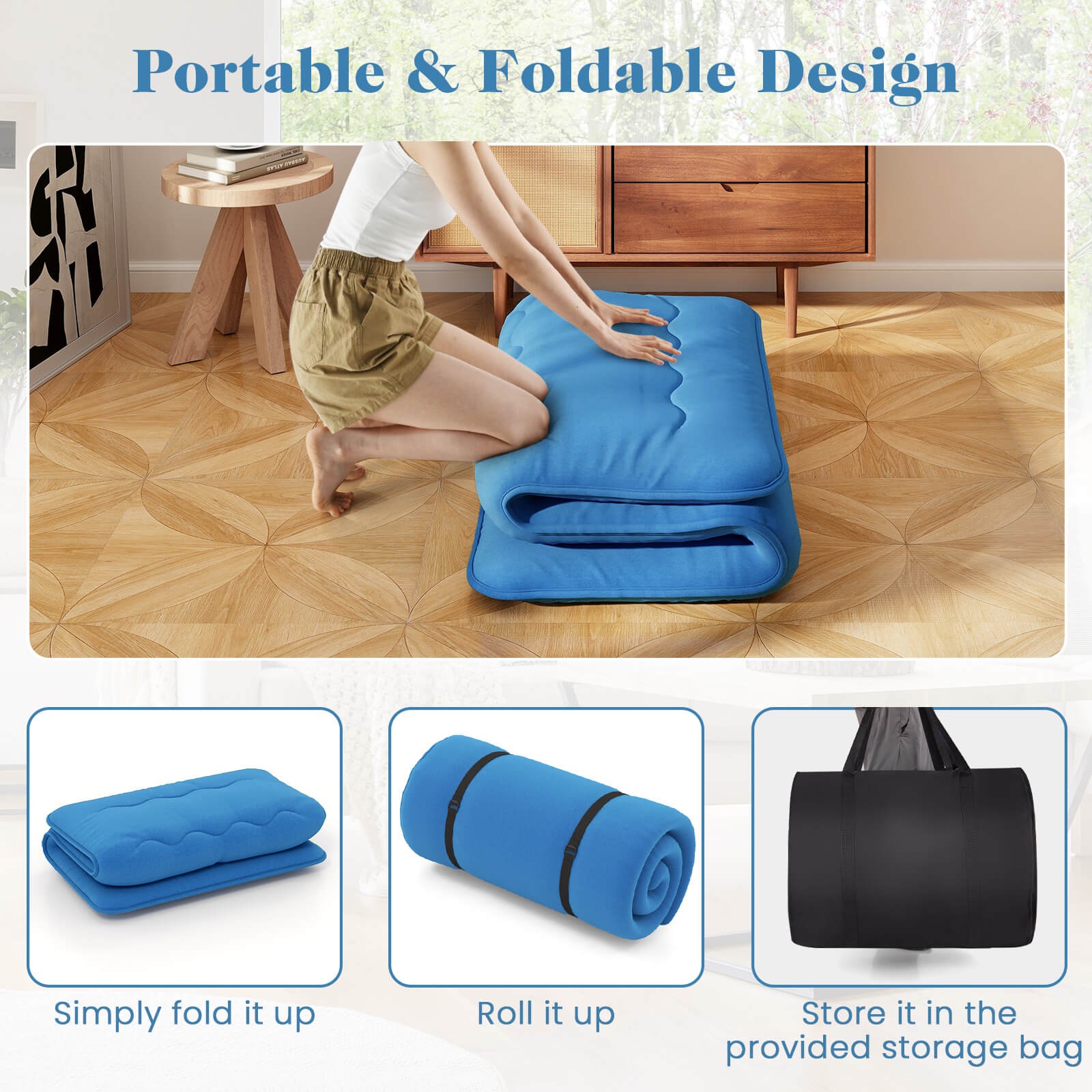 Twin Futon Mattress Japanese Floor Sleeping Pad Washable Cover Carry Bag Blue