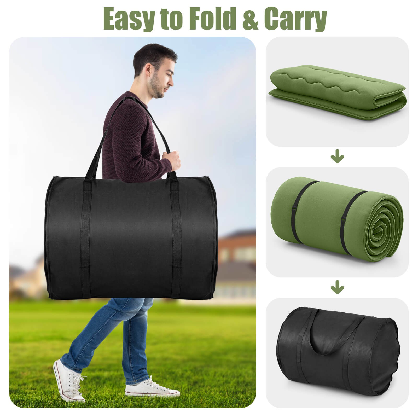Full Futon Mattress Washable Cover Carry Bag Green Japanese Floor Pad