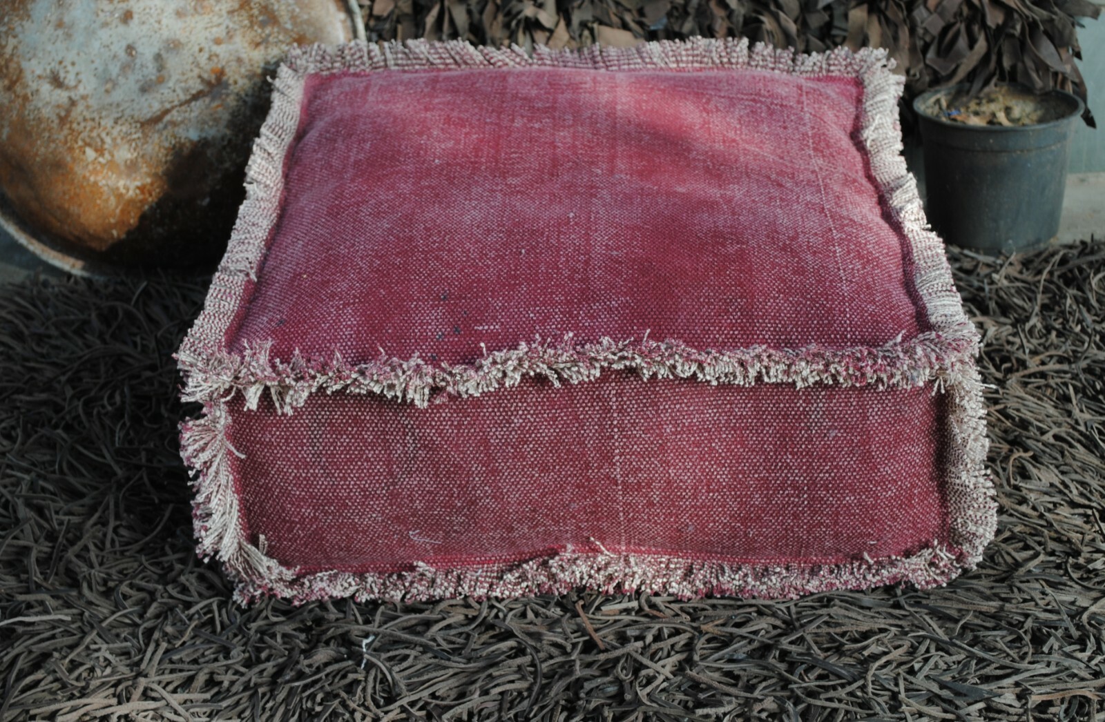 COTTON RUG RED SQUARE MATTRESS WITH FRINGES 50X50X15 CM COZY SITTING SINGLE SEAT