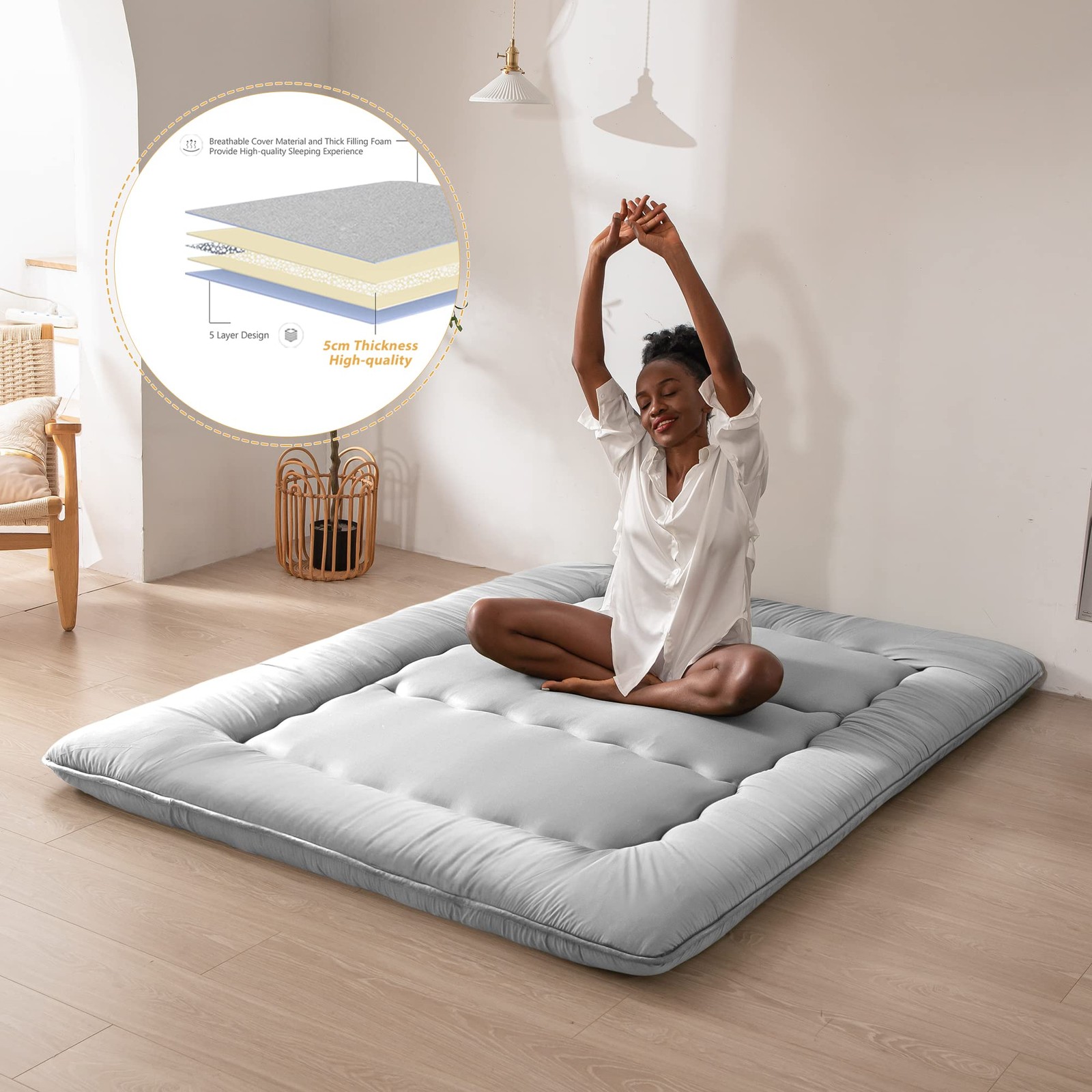 Japanese Floor Mattress Futon, Foldable Sleeping Pad, Kids Dorm Bed, Grey Full
