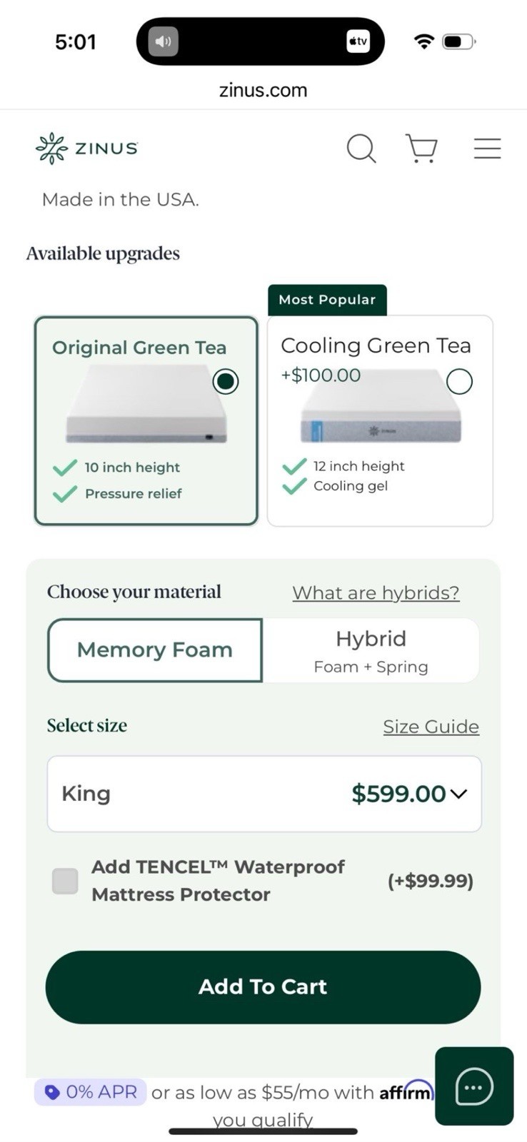King mattress Zinus Cooling Green Tea 8″ Gel Memory Foam Mattress – White