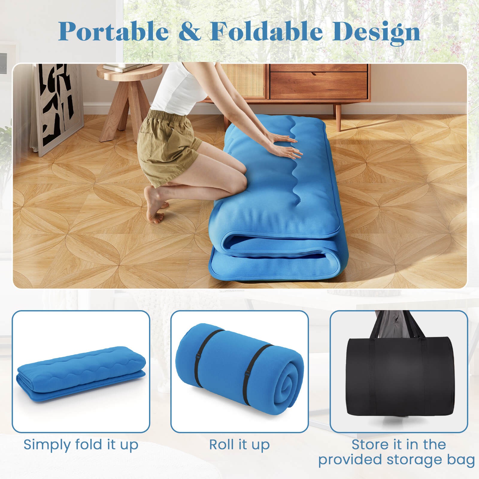 King Futon Mattress Japanese Sleeping Pad Lounge Bed w/ Washable Cover Blue
