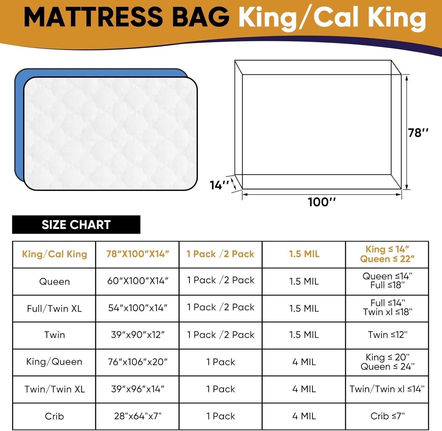 King/Cal King Waterproof Mattress Bag for Moving and Storage Protection 1.5 Mil