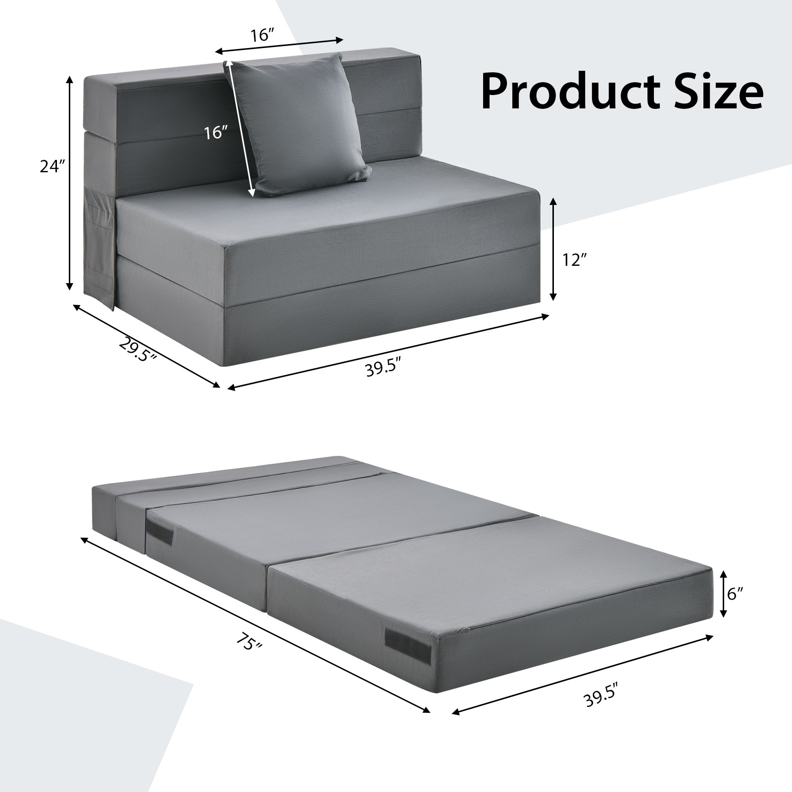 Folding Mattress with Pillow 6 Inch Tri-fold Sofa Bed w/ High-Density Foam
