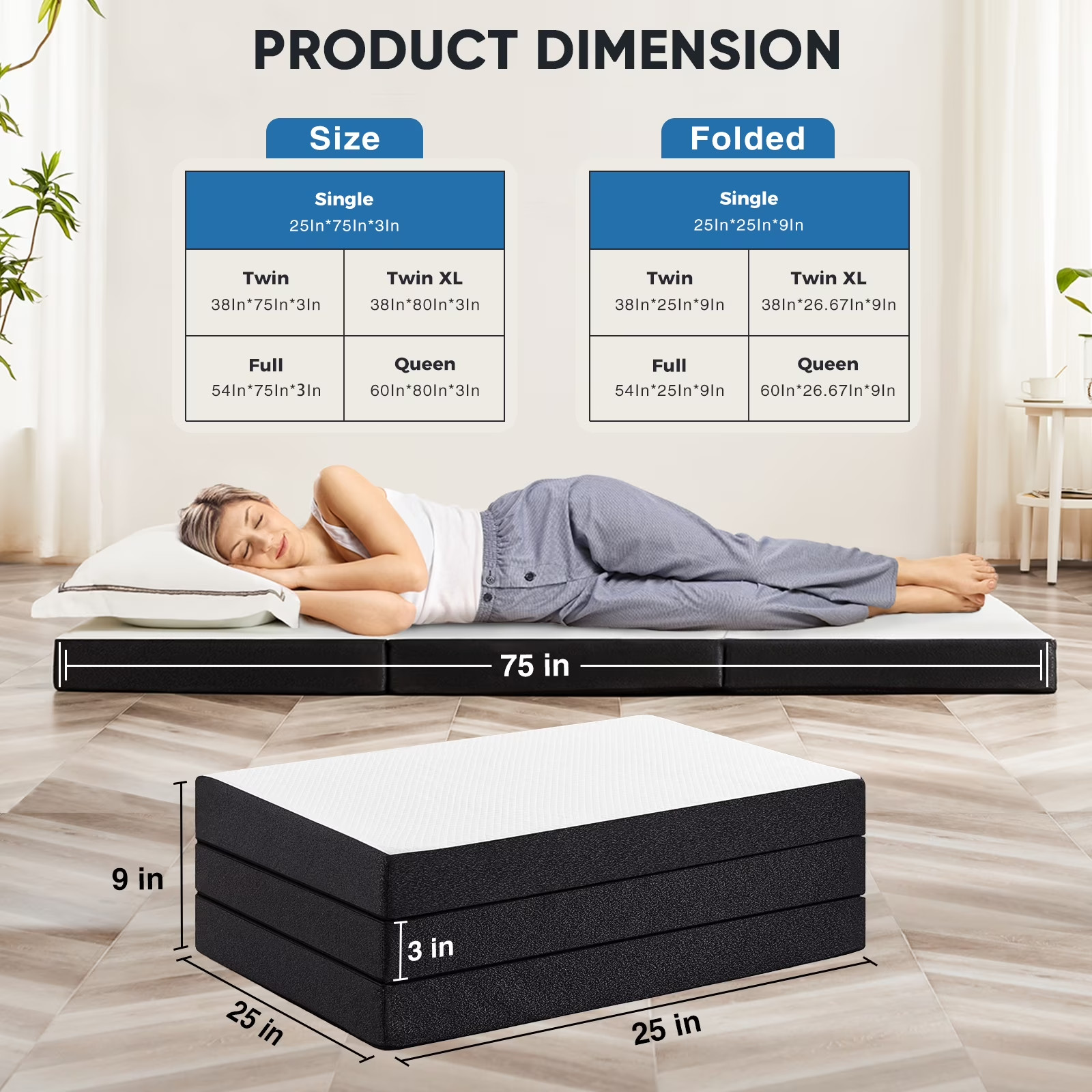 3-inch Folding Mattress, Tri Fold Memory Foam Mattress with Washable Cover