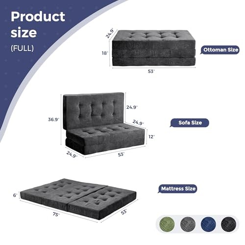 Tri-Fold Mattress, 6 Inch Tufted Folding Mattress with Chenille Full Dark Grey