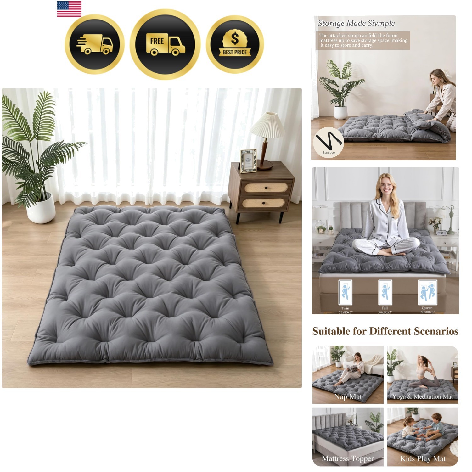 Japanese Futon Mattress Floor Mattress 3″ Tatami Mat,Shredded Memory Foam Fol…