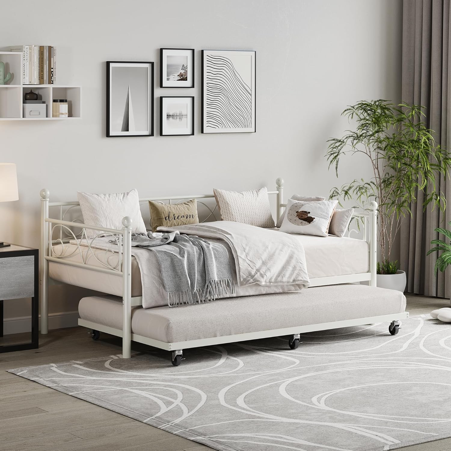 Twin Daybed with Trundle Bed, Space-Saving Metal Day Bed Fre with Floral