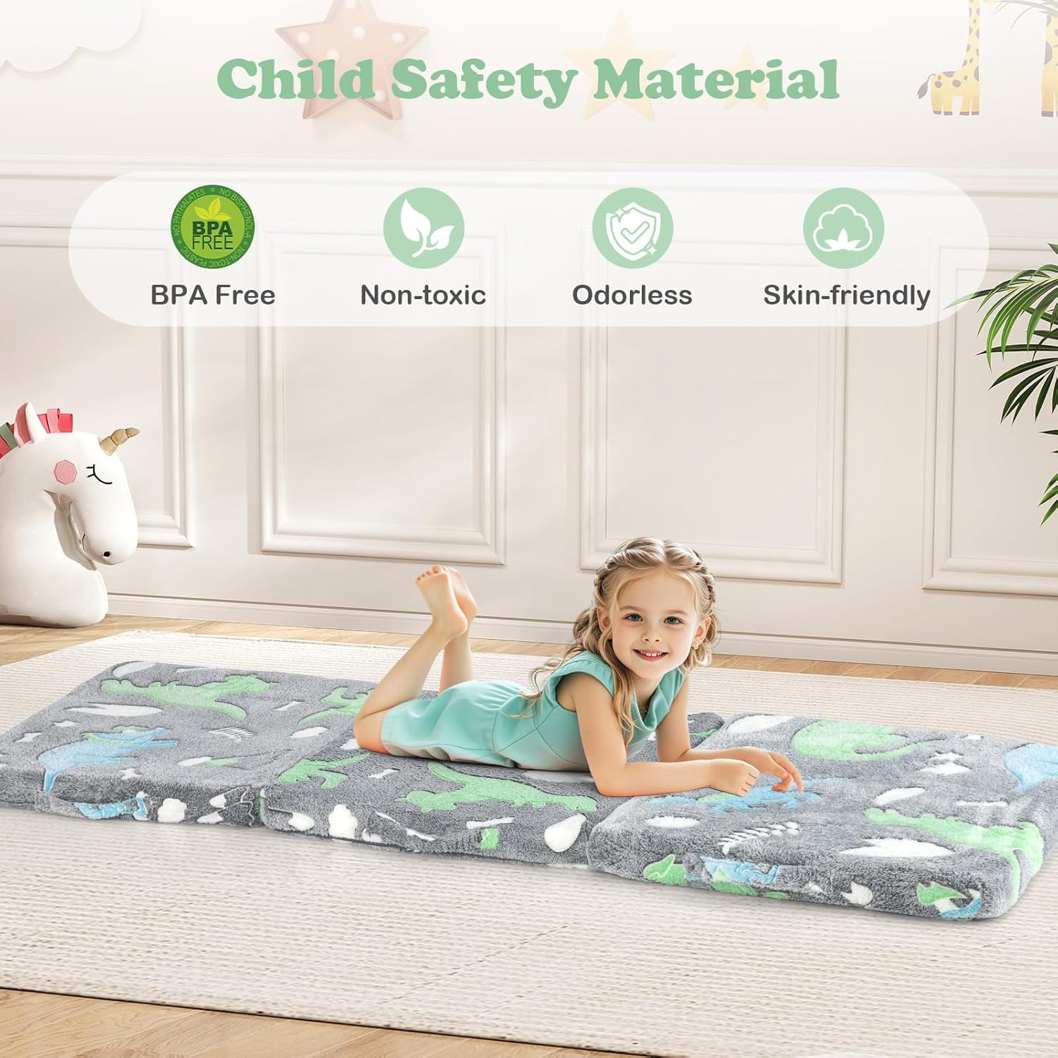 Glow in Dark Foldable Kids Floor Mattress with Washable Cover & Storage Bag