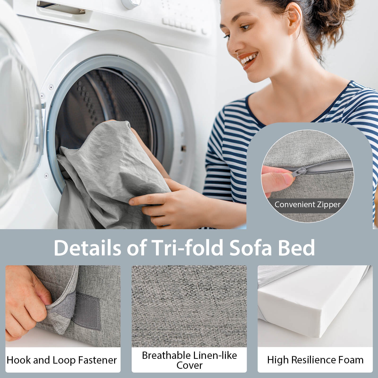 6″ Tri-fold Mattress w/Pillow Sofa Bed w/ High-Density Foam Additional Seating
