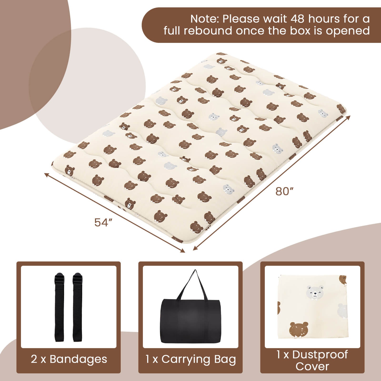 Full Futon Mattress Japanese Floor Pad Washable Cover Carry Bag Brown Bear