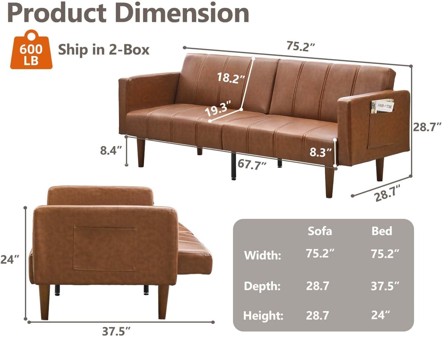 75″ Futon Sofa Bed, Mid- Modern Futon Couch, Convertible Sleeper
